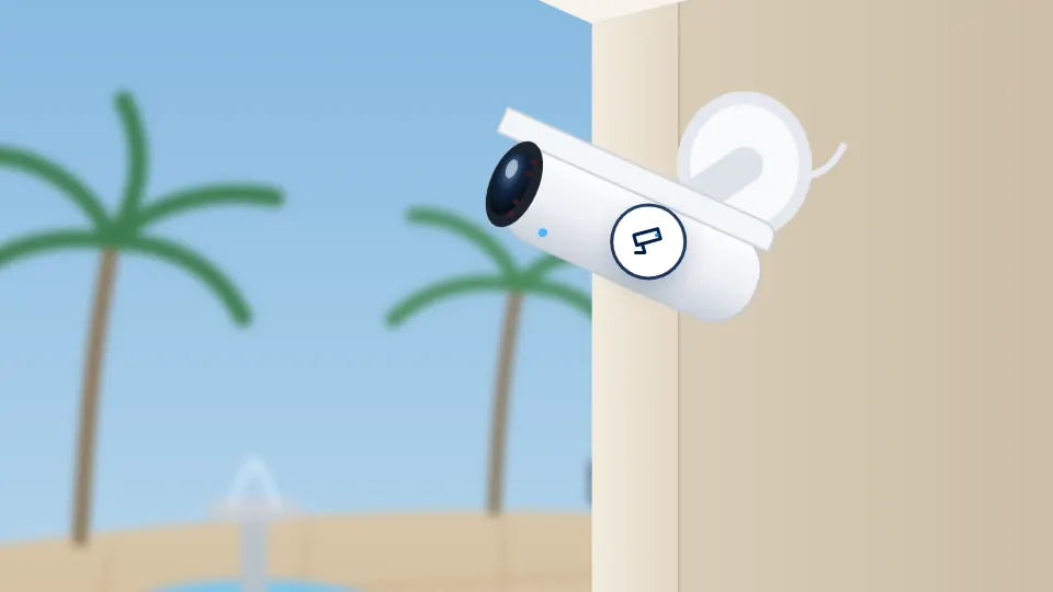 The camera coverage map from above: a wedge of ground for each camera, with the blind spots marked in amber.