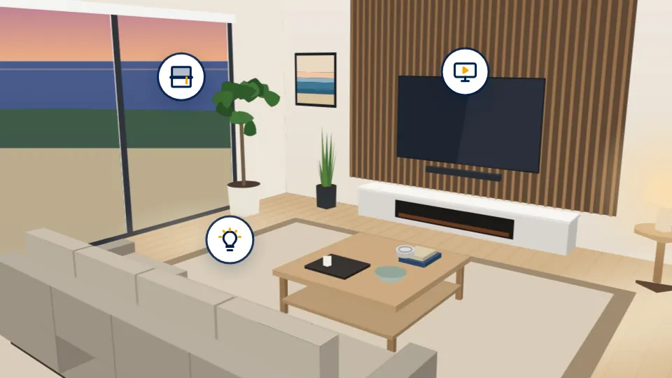 The living room at eye level: the TV wall, the sofa and the shades.