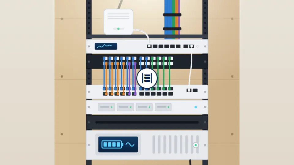 The network rack in its closet: the modem shelf, the gateway, the switches, the patch panel and the battery backup.