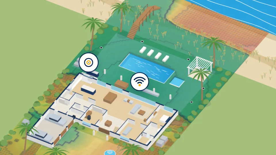 The pool deck and the yard with an outdoor Wi-Fi heat map and the landscape speakers.