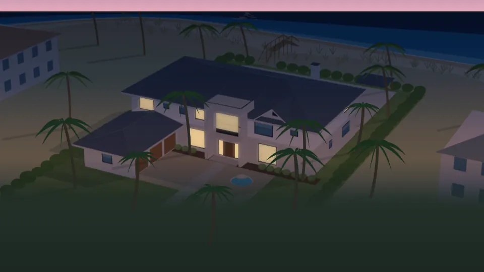 The house at dusk with its outside lights on.
