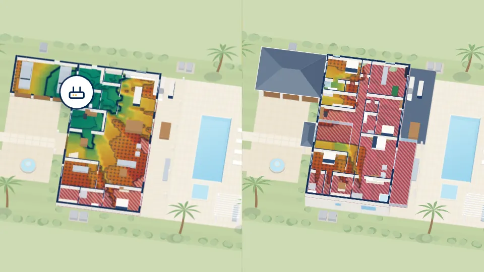 Both floors of the house from above, with a Wi-Fi heat map: strong near the router, weak in the far rooms.