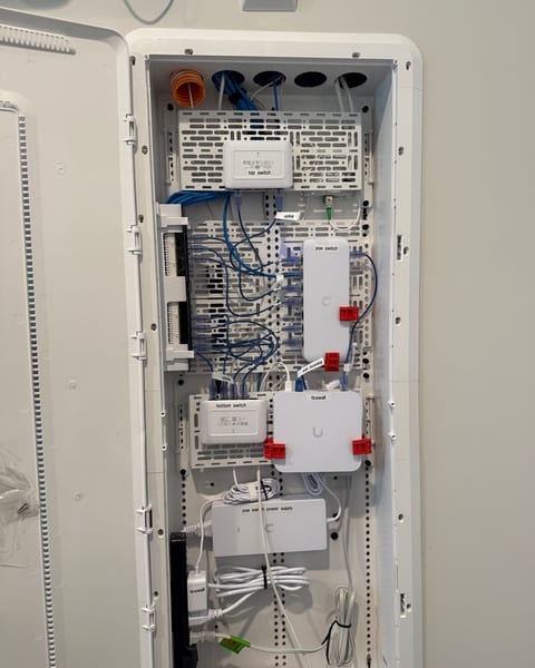 An open structured-media enclosure in a wall: UniFi switches, a firewall and a patch panel mounted on a white backplate, with blue patch cables and printed labels such as “top switch”, “poe switch” and “firewall”.
