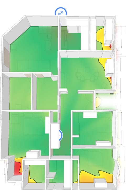 After: three-dimensional heatmap of the Nocatee-area home with both access points. Nearly every room is green, with small yellow edges in a few corners.