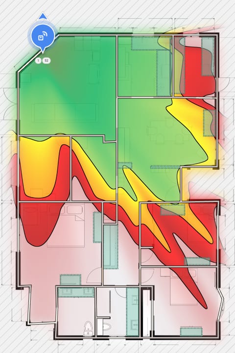 Before: Wi-Fi heatmap of the Nocatee-area home, from the original single router in the front corner. Green near the router fades to yellow and red across the back bedrooms and baths.